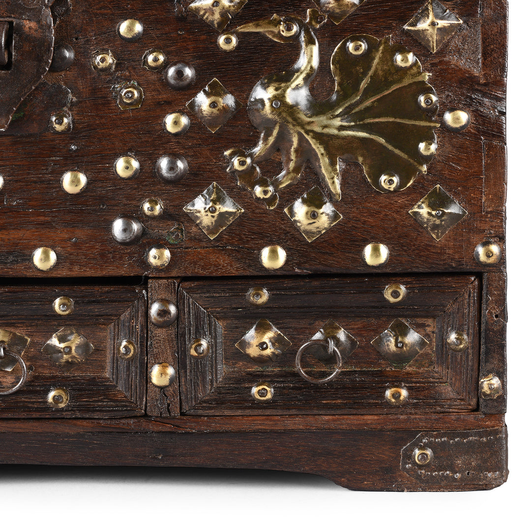 Peacock Studs ANd Drawer Detail From Antique Brass Studded Rosewood Peacock Box From Saurashtra | Indigo Antiques