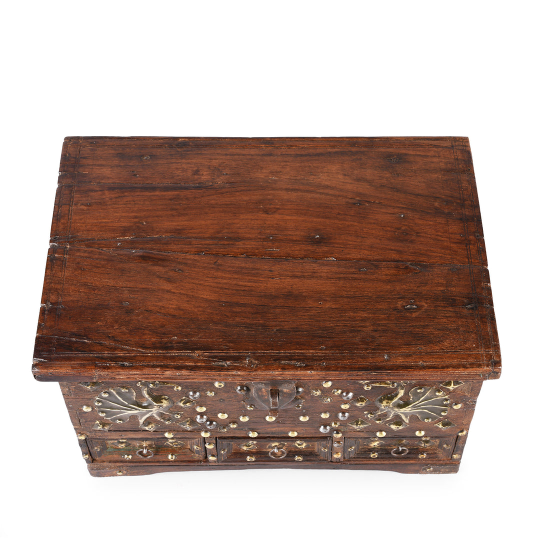 Top Down View Of Antique Brass Studded Rosewood Peacock Box From Saurashtra | Indigo Antiques