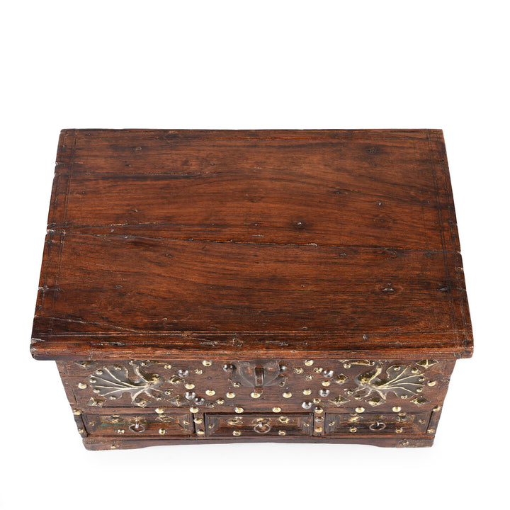 Top Down View Of Antique Brass Studded Rosewood Peacock Box From Saurashtra | Indigo Antiques
