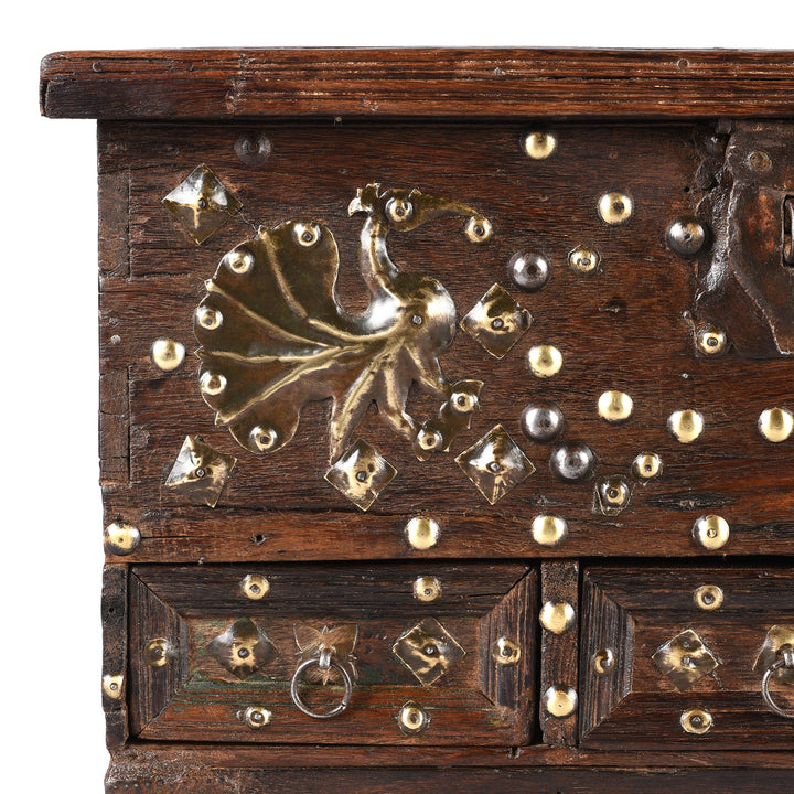 Corner Detail From Antique Brass Studded Rosewood Peacock Box From Saurashtra | Indigo Antiques