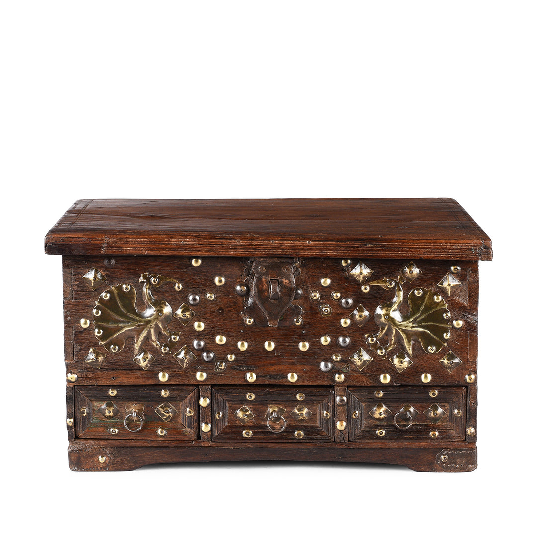 Antique Brass Studded Rosewood Peacock Box From Saurashtra | Indigo Antiques