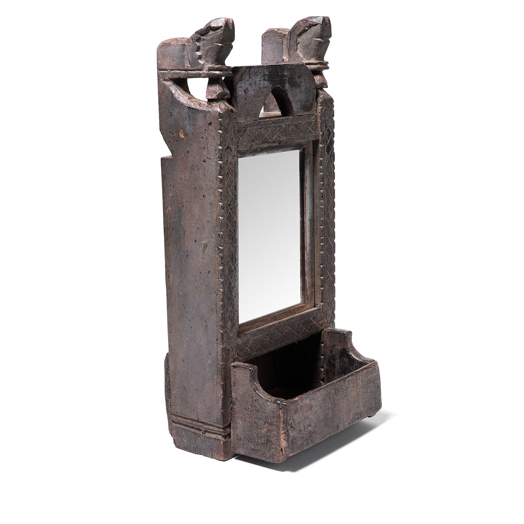 Angled View Of Carved Teak Mirror From The Banswara Tribal Region | Indigo Antiques