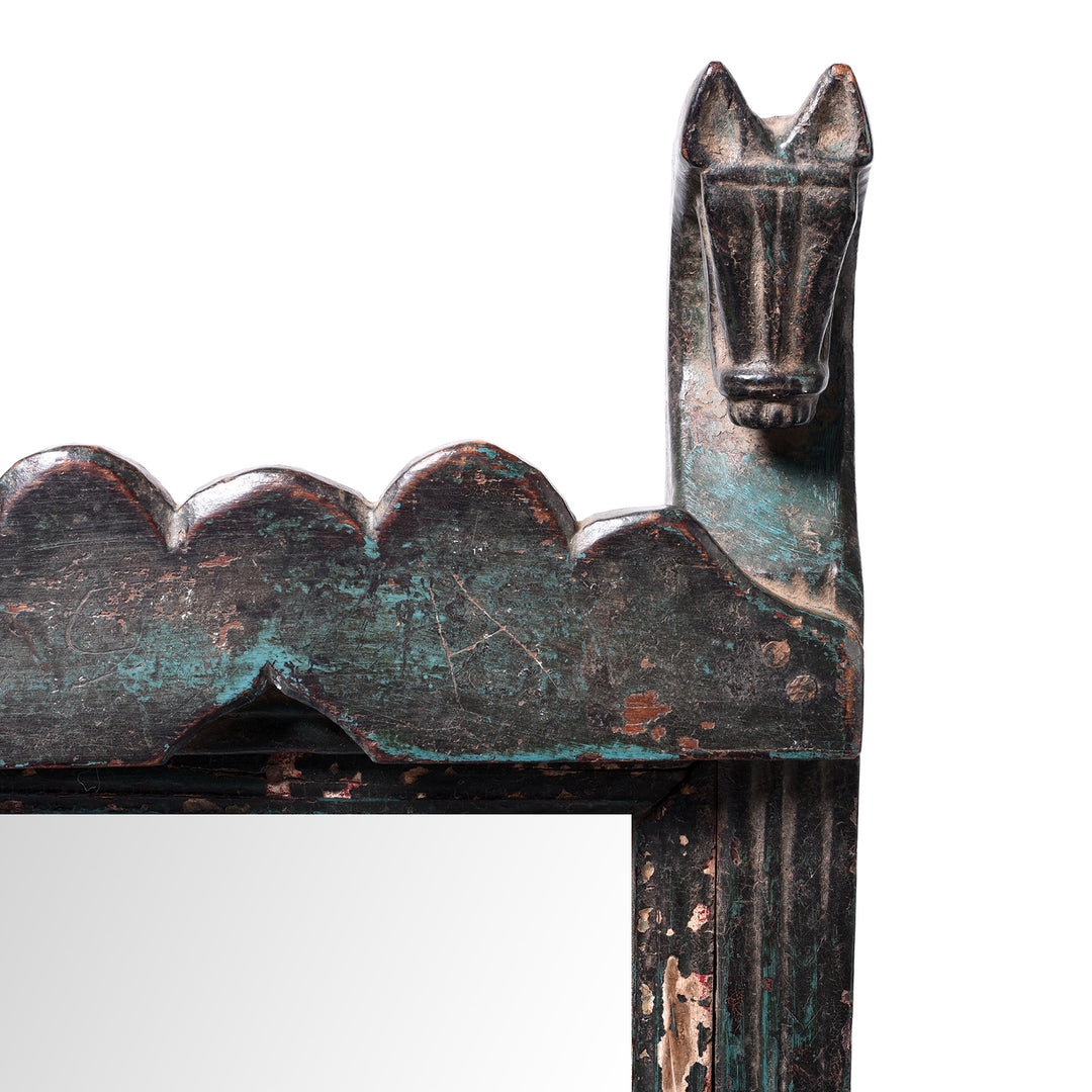 Horse Head Detail From Antique Carved Teak Mirror From Banswara Region | Indigo Antiques