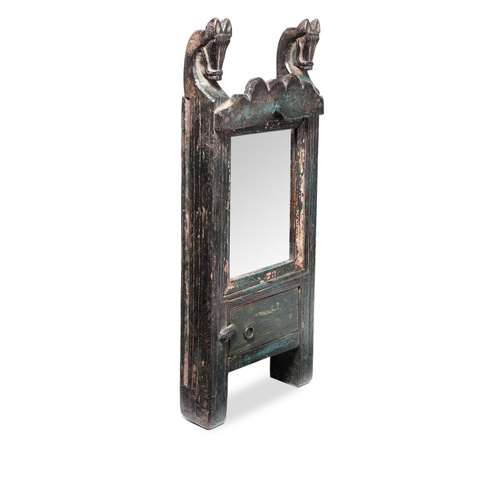Angled VIew Of Antique Carved Teak Mirror From Banswara Region | Indigo Antiques