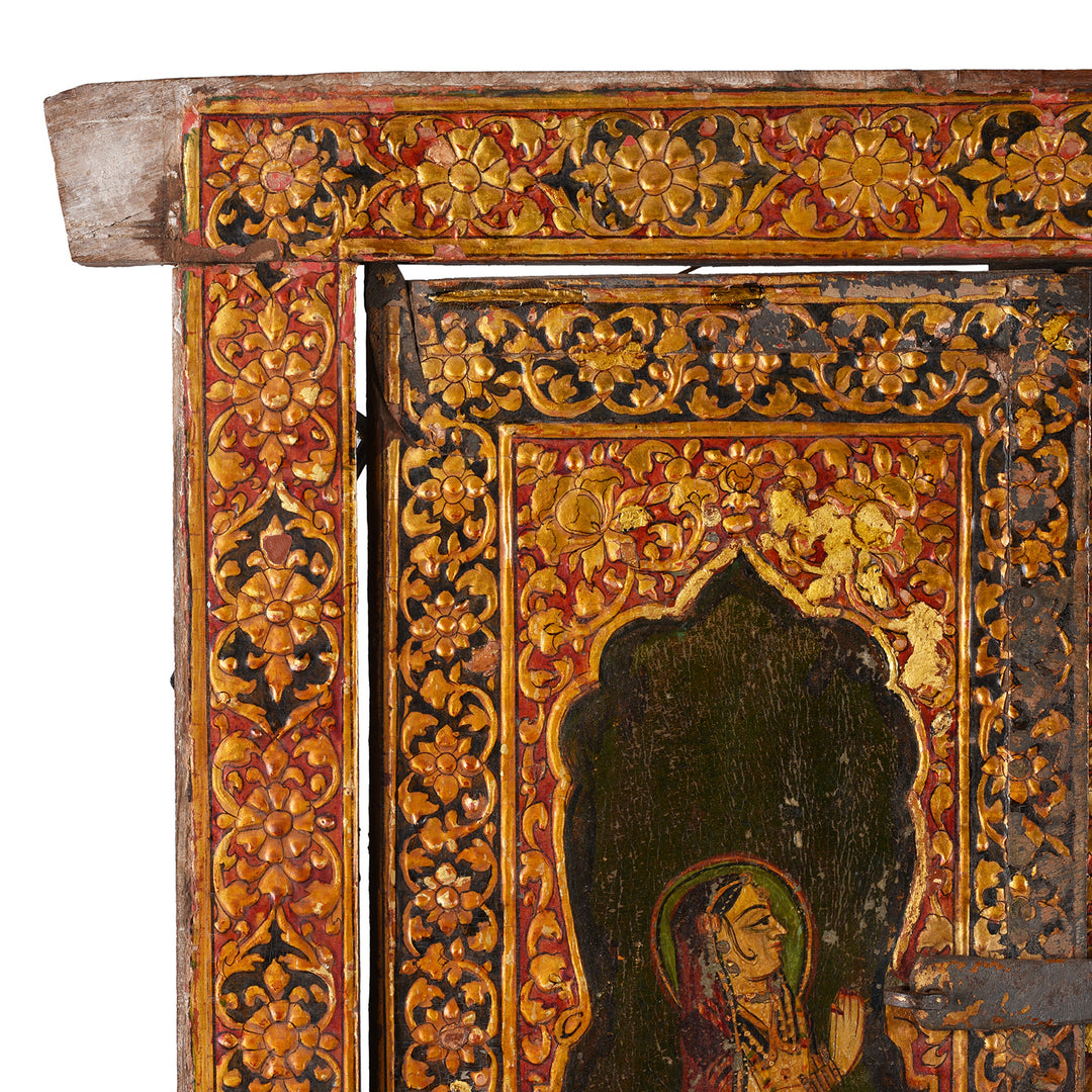Corner Detail Showing Paintwork On Antique Indian Chandras Radha Krishna Shutter | Indigo Antiques
