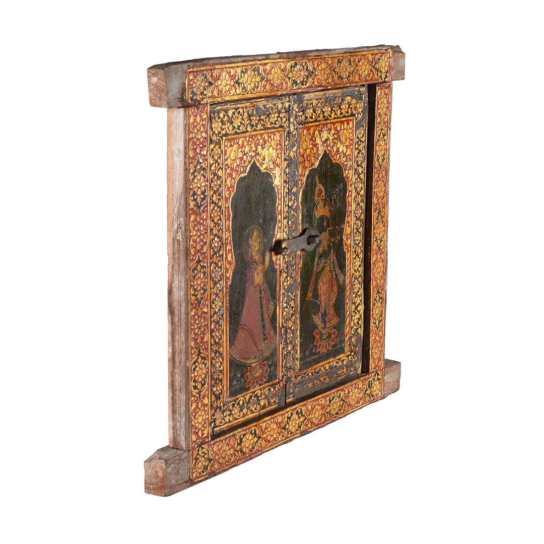 Angled VIew Of Antique Indian Chandras Radha Krishna Shutter | Indigo Antiques