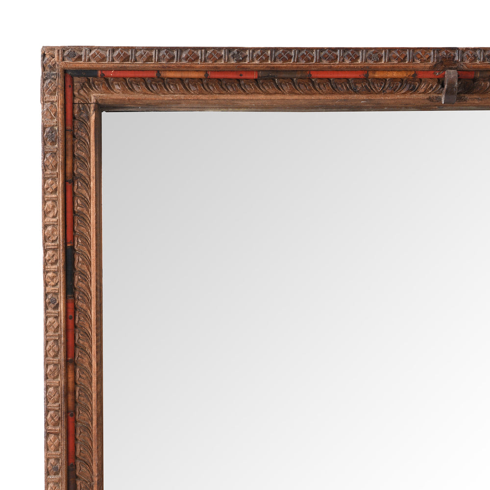 Corner Detail Showing Carving And Beding From Antique Carved Indian Window Mirror From Shekhawati | Indigo Antiques