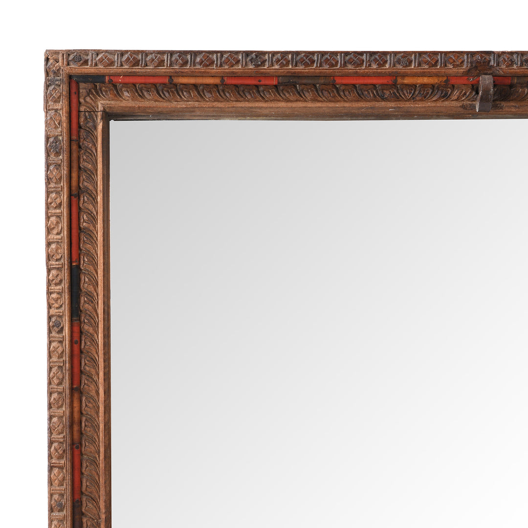 Corner Detail Showing Carving And Beding From Antique Carved Indian Window Mirror From Shekhawati | Indigo Antiques