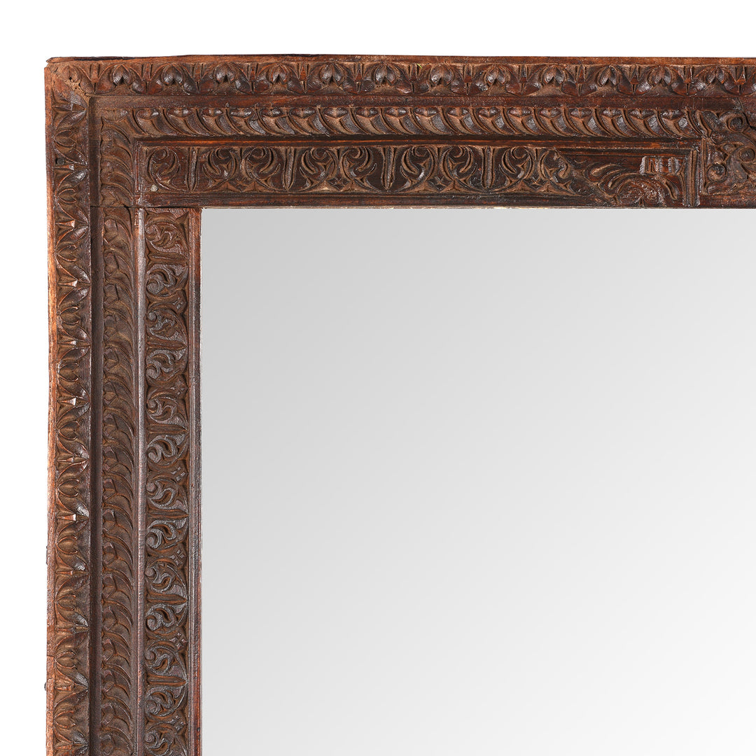 Corner Detail Showing Carving From Antique Carved Indian Window Mirror From Shekhawati | Indigo Antiques