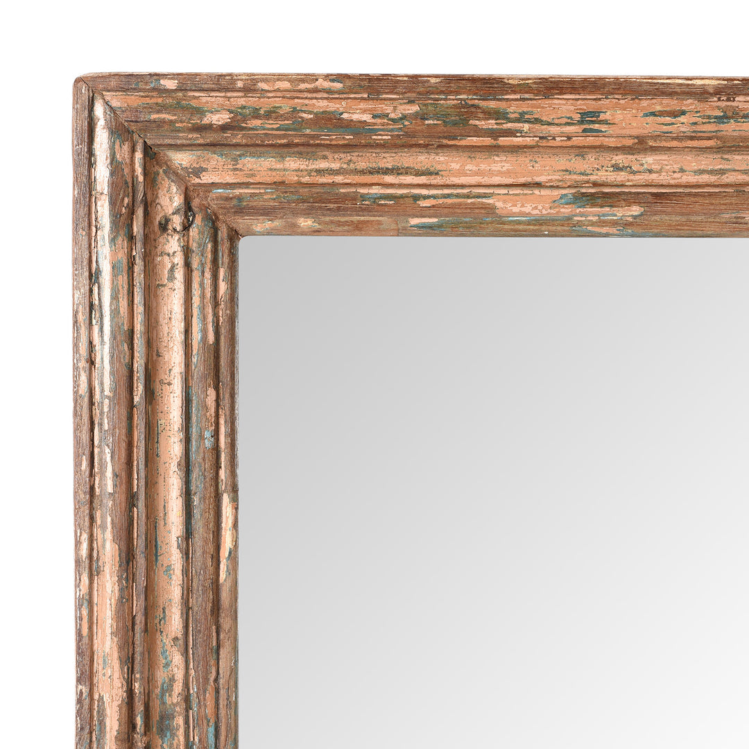 Corner Detail From Rustic Pink Painted Mirror Made From Old Architectural Teak  (122 x 62 cm) | Indigo Antiques