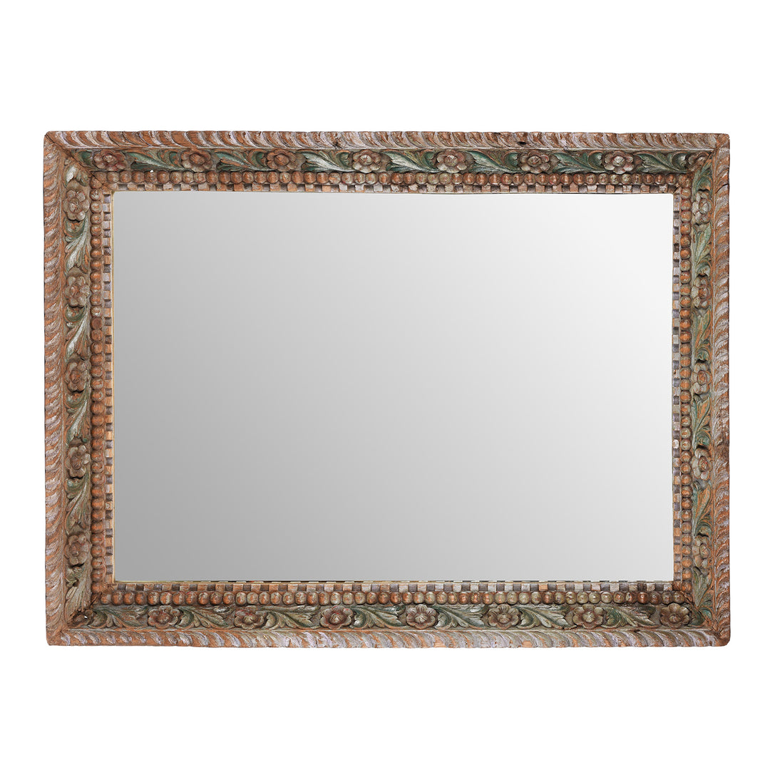 Landscape View Of Antique Painted Indian Mirror With Foliate Carvings | Indigo Antiques