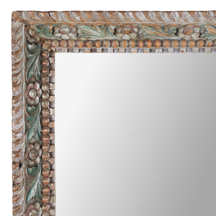 Corner Detail Displaying Carving From Antique Painted Indian Mirror With Foliate Carvings | Indigo Antiques