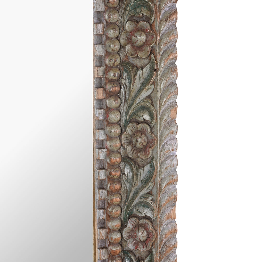 Frame Detail Displaying Carving From Antique Painted Indian Mirror With Foliate Carvings | Indigo Antiques