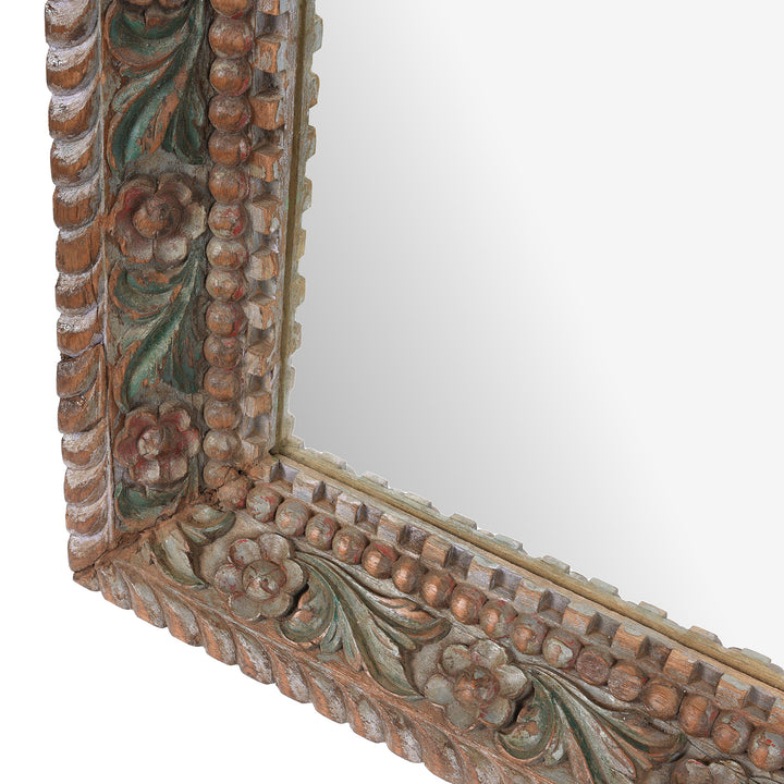 Frame Depth Detail From Antique Painted Indian Mirror With Foliate Carvings | Indigo Antiques