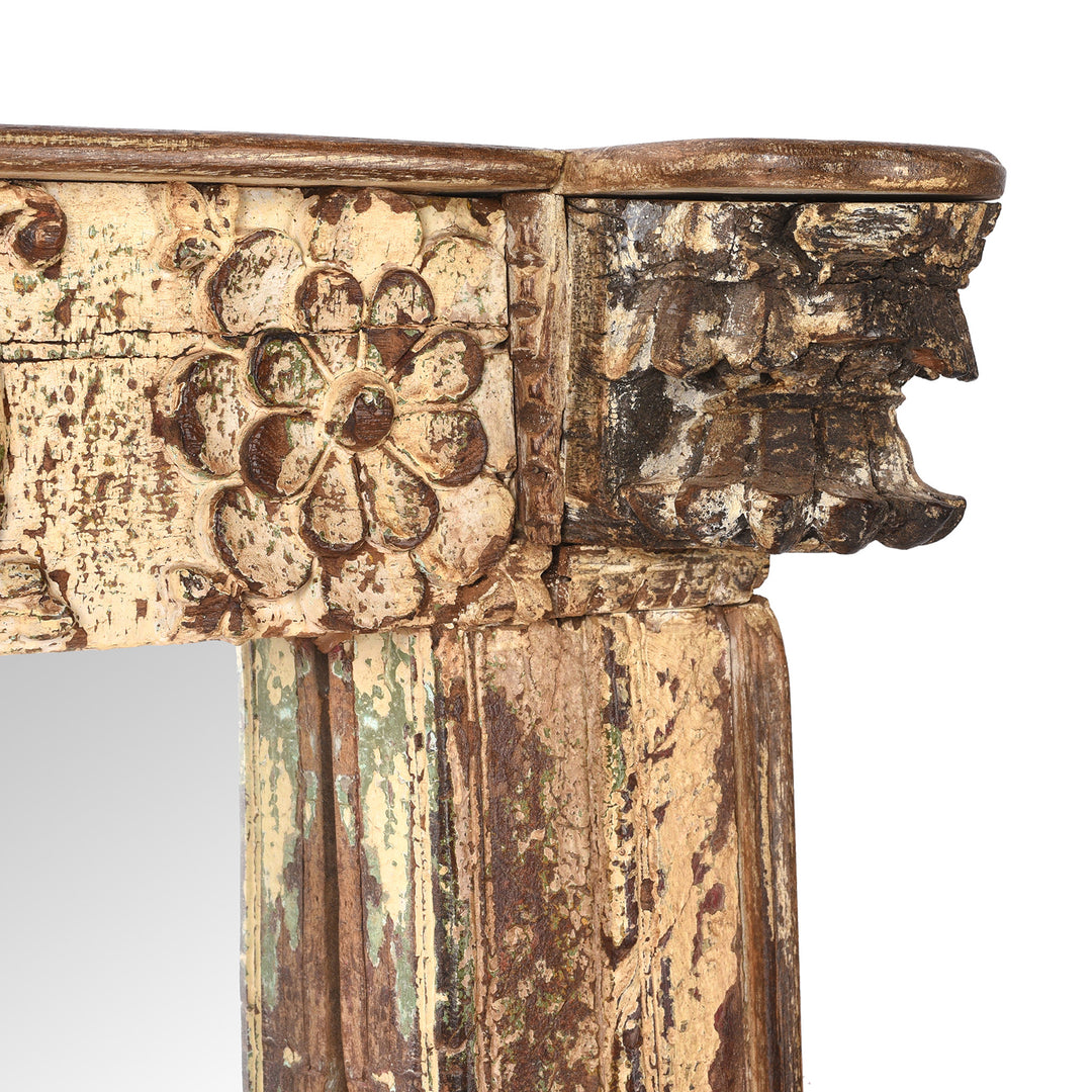 Corner Detail From Cream Painted Carved Mirror Made From Old Architectural Teak  | Indigo Antiques