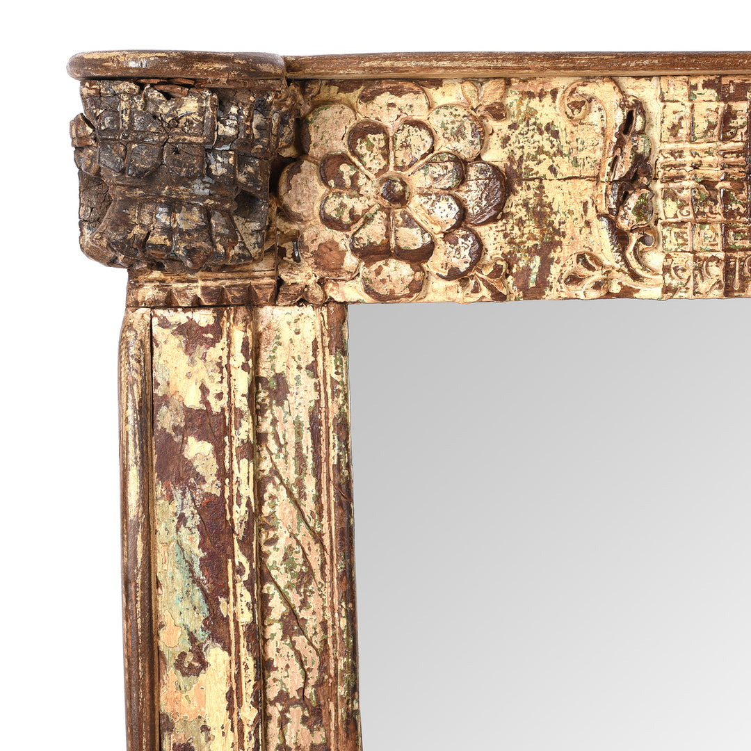 Corner Detail From Cream Painted Carved Mirror Made From Old Architectural Teak  | Indigo Antiques