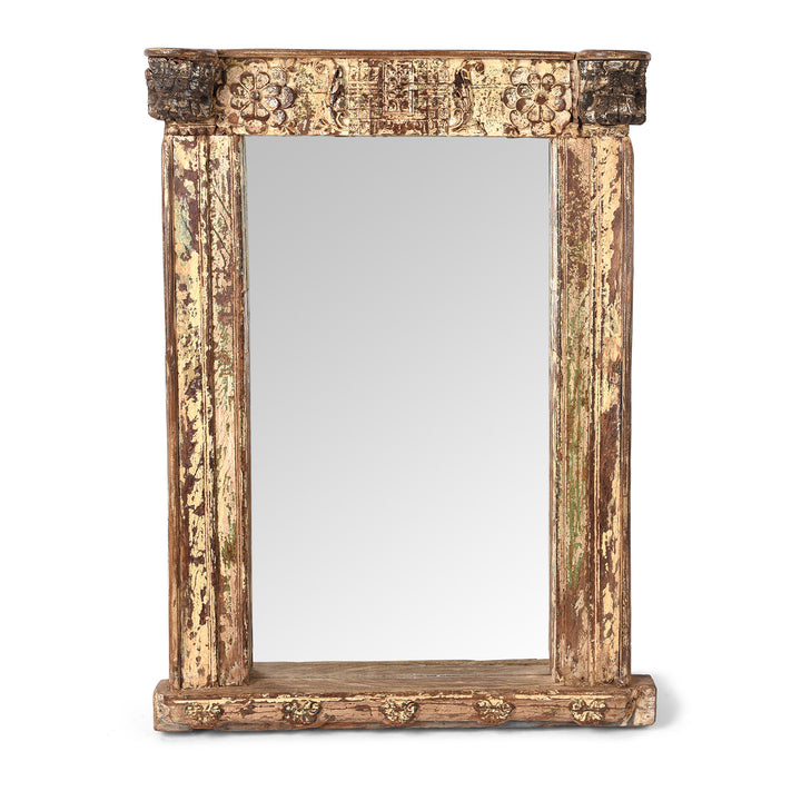 Cream Painted Carved Mirror Made From Old Architectural Teak  | Indigo Antiques