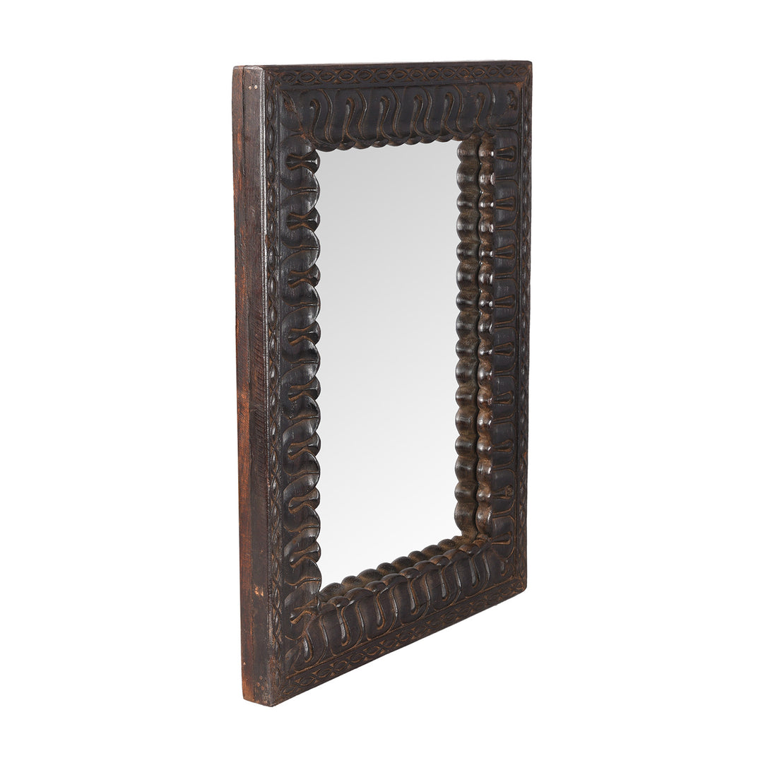 Angled View Of Old Carved Teak Window Mirror | Indigo Antiques