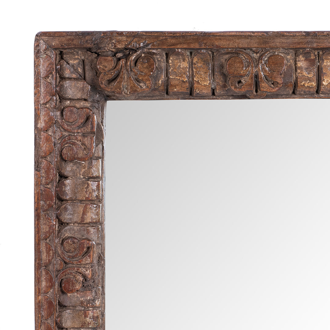 Corner Detail From Antique Old Carved Teak Window Mirror From Rajasthan | Indigo Antiques