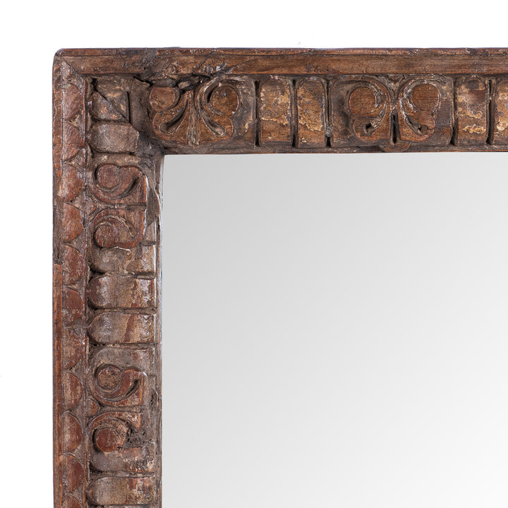 Corner Detail From Antique Old Carved Teak Window Mirror From Rajasthan | Indigo Antiques
