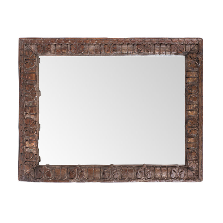 Landscape View Of Antique Old Carved Teak Window Mirror From Rajasthan | Indigo Antiques