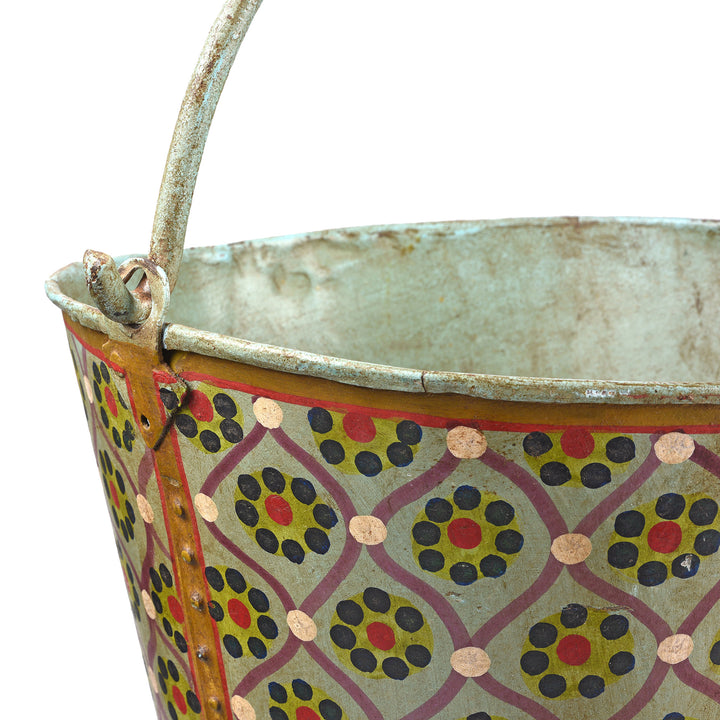 Detail From Painted Vintage Galvanized Iron Bucket - Aqua Floral | Indigo Antiques
