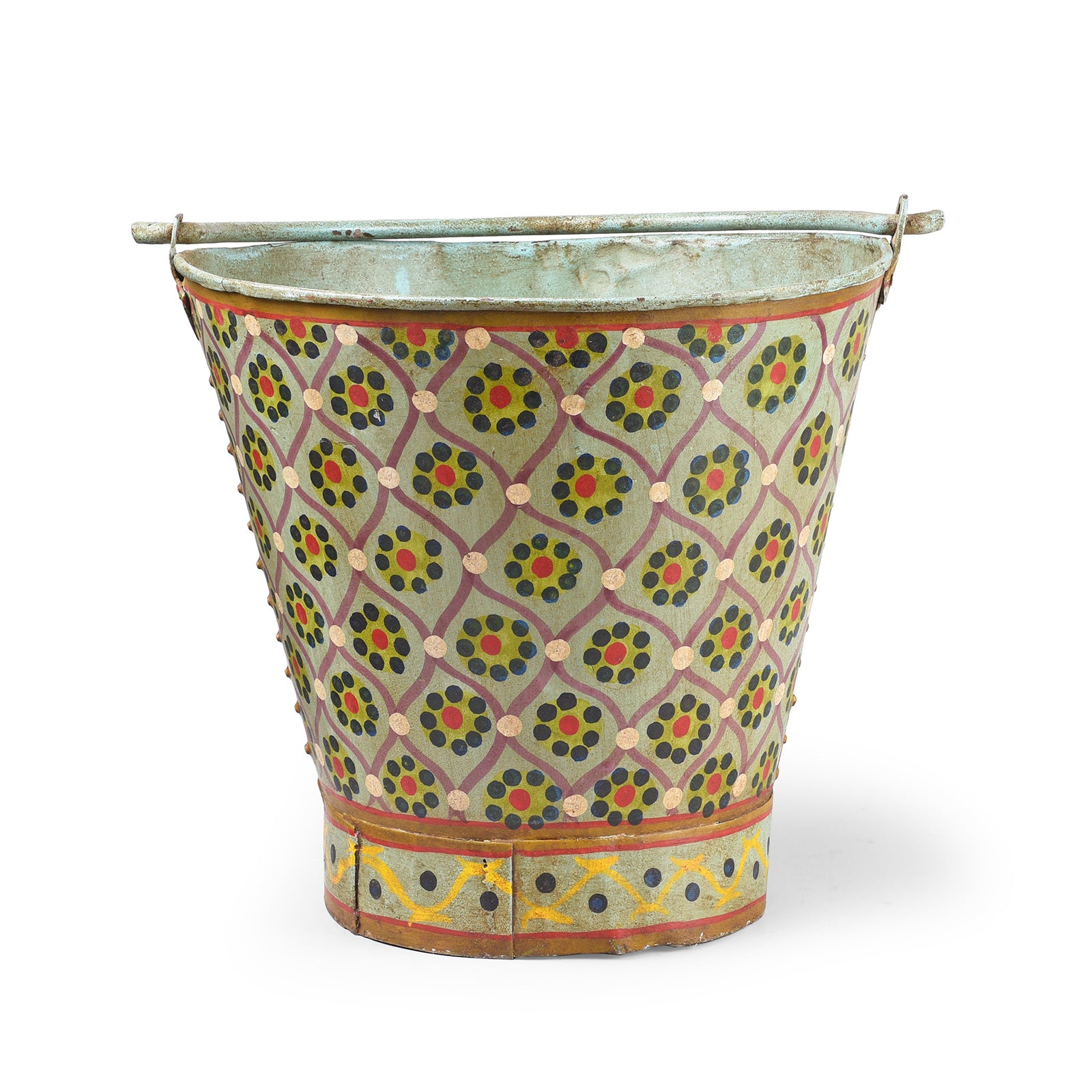 Painted Vintage Galvanized Iron Bucket - Aqua Floral | Indigo Antiques