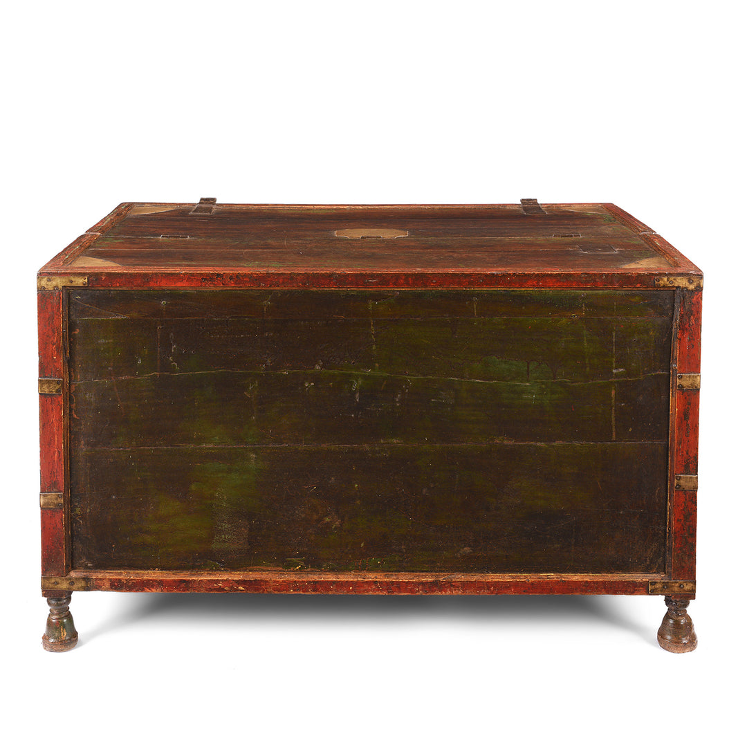 Back Of Antique Indian Dark Painted Brass & Lacquer Chest | Indigo Antiques