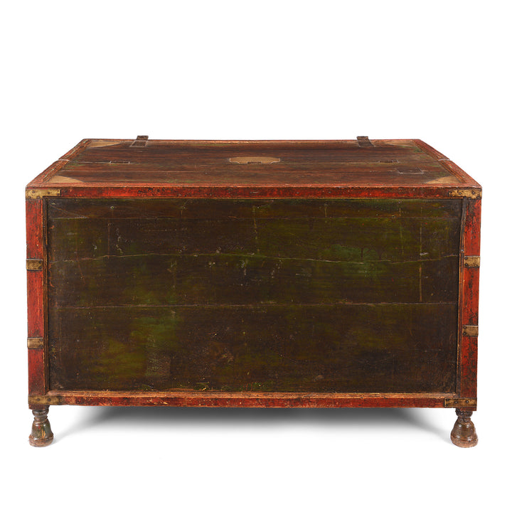 Back Of Antique Indian Dark Painted Brass & Lacquer Chest | Indigo Antiques