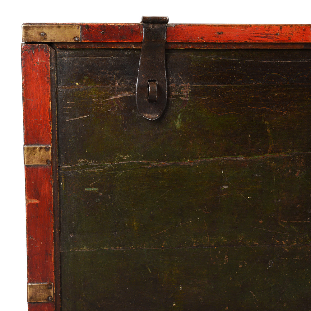Corner Detail From Antique Indian Dark Painted Brass & Lacquer Chest | Indigo Antiques