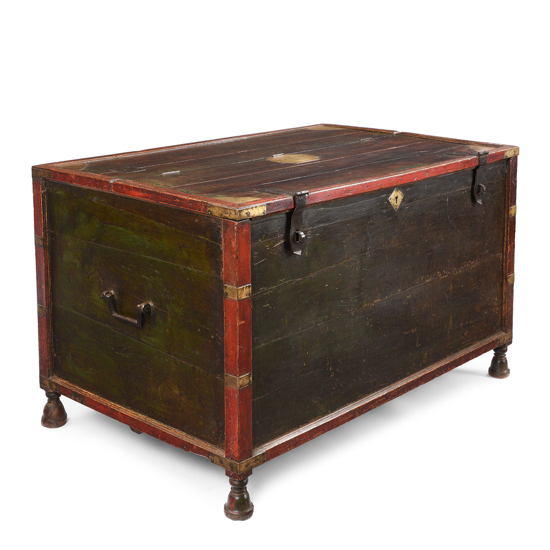 Angled VIew Of Antique Indian Dark Painted Brass & Lacquer Chest | Indigo Antiques