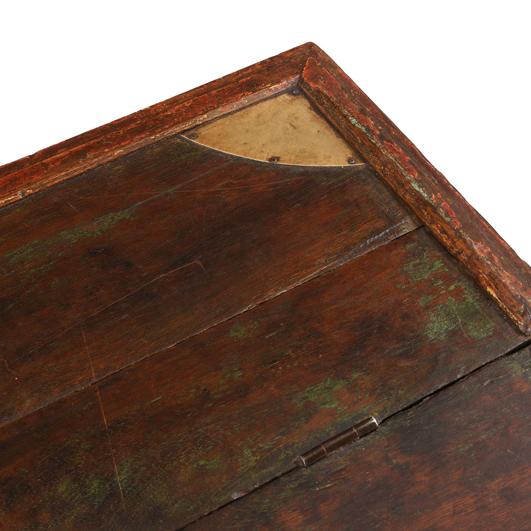 Top Corner Detail From Antique Indian Dark Painted Brass & Lacquer Chest | Indigo Antiques