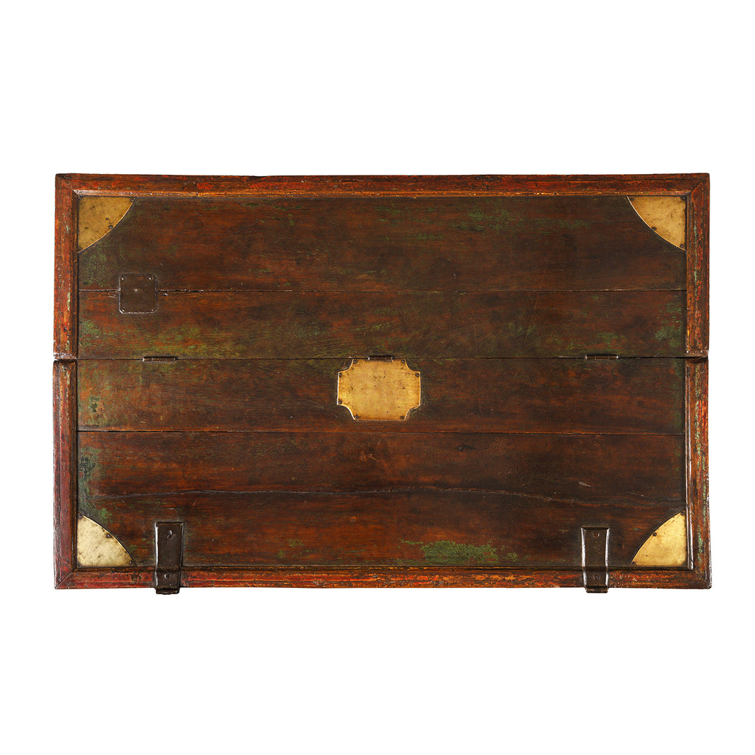 Top Down View Of Antique Indian Dark Painted Brass & Lacquer Chest | Indigo Antiques