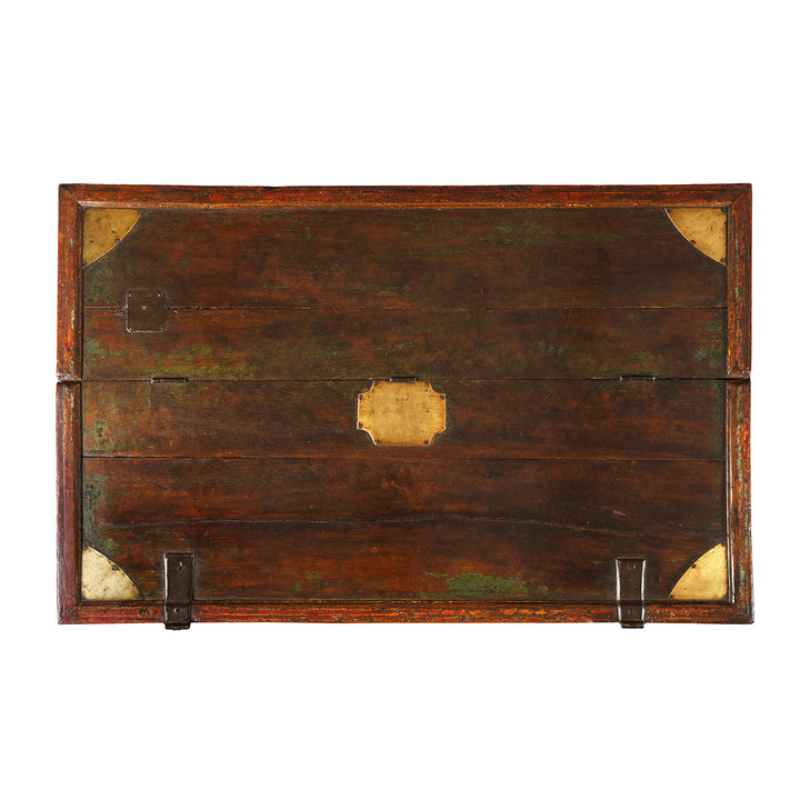 Top Down View Of Antique Indian Dark Painted Brass & Lacquer Chest | Indigo Antiques