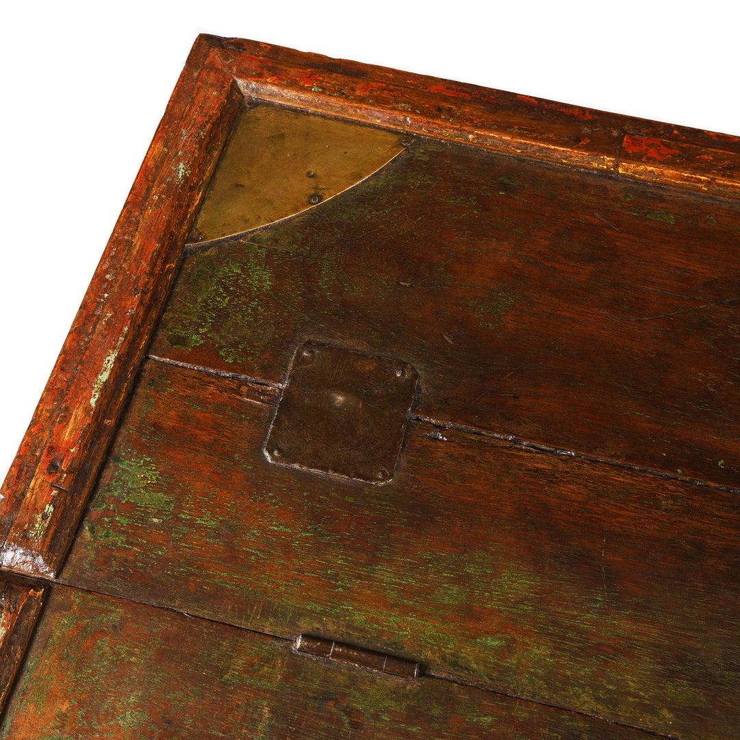 Corner Detail From Antique Indian Dark Painted Brass & Lacquer Chest | Indigo Antiques