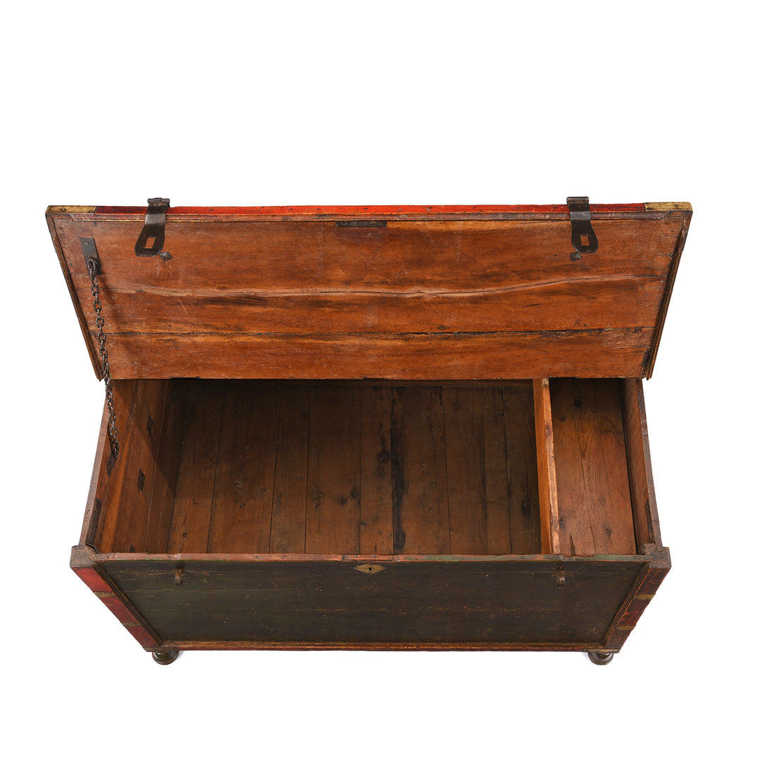 Interior Of Antique Indian Dark Painted Brass & Lacquer Chest | Indigo Antiques
