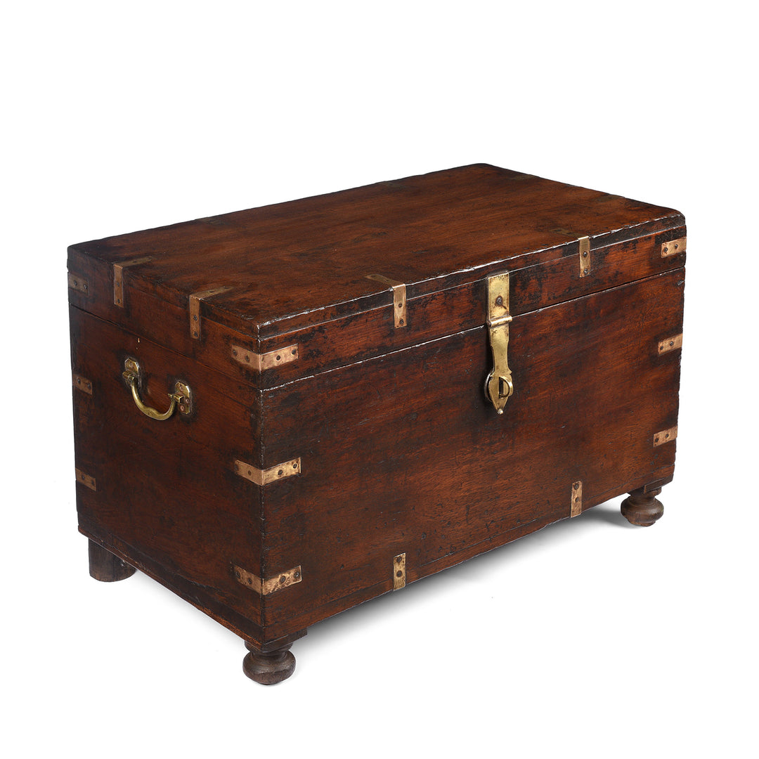 Angled View Of Antique Brass Bound Teak Military Chest From Rajasthan | Indigo Antiques