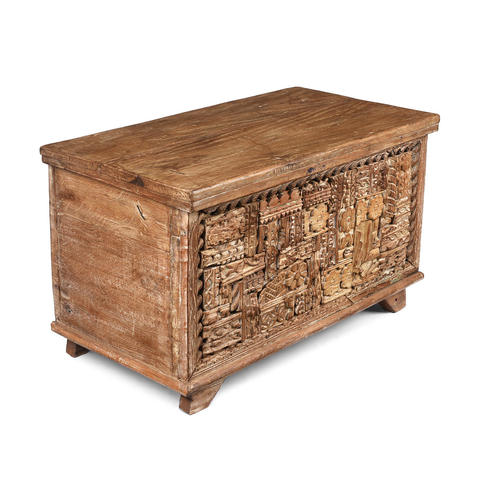Angled View Of Carved Blanket Chest Made From Reclaimed Painted Teak | Indigo Antiques