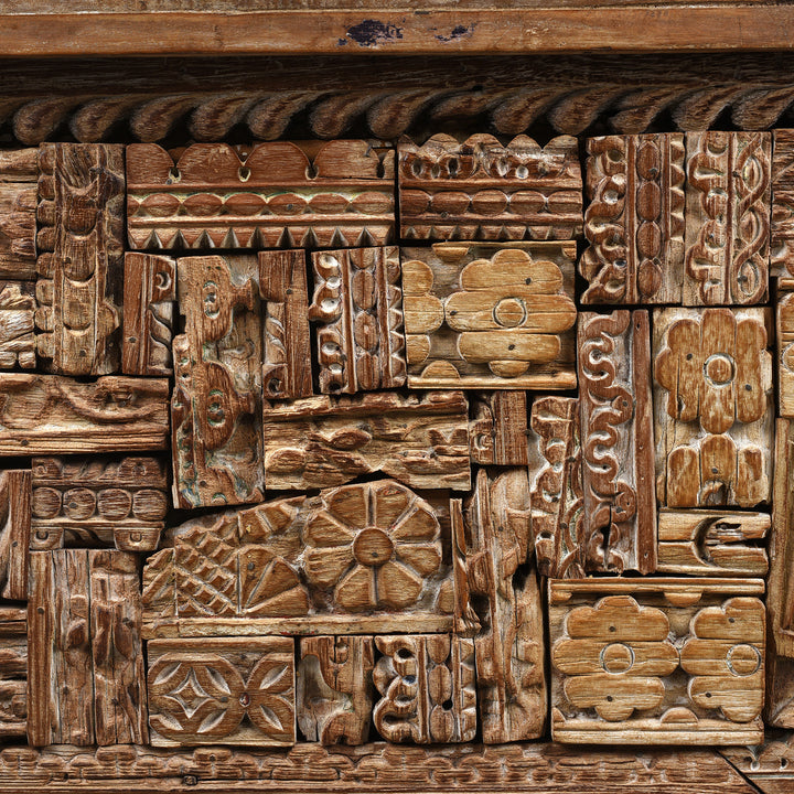 Carving Detail From Carved Blanket Chest Made From Reclaimed Painted Teak | Indigo Antiques