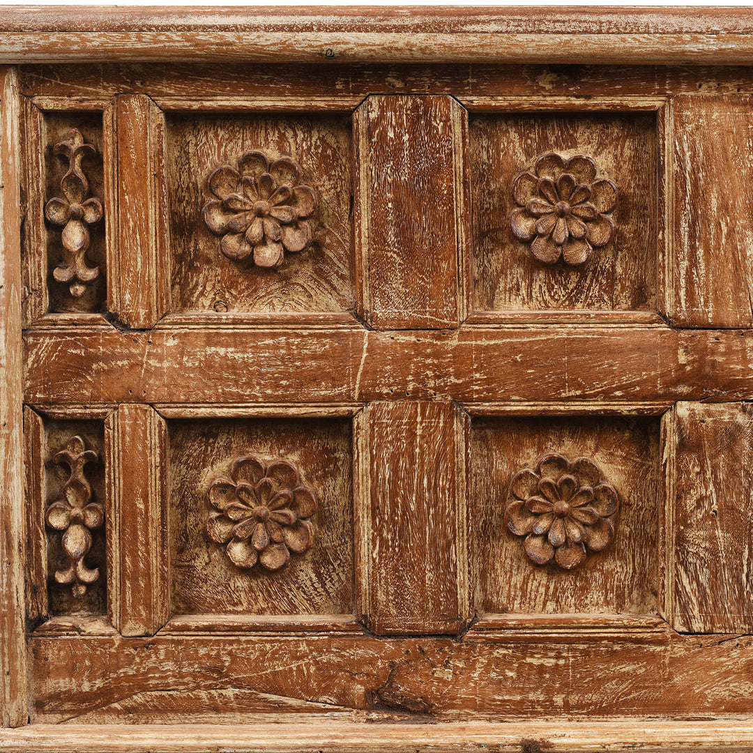 Carving Detail From Carved Blanket Chest Made From Reclaimed Teak Ceiling Panels | Indigo Antiques