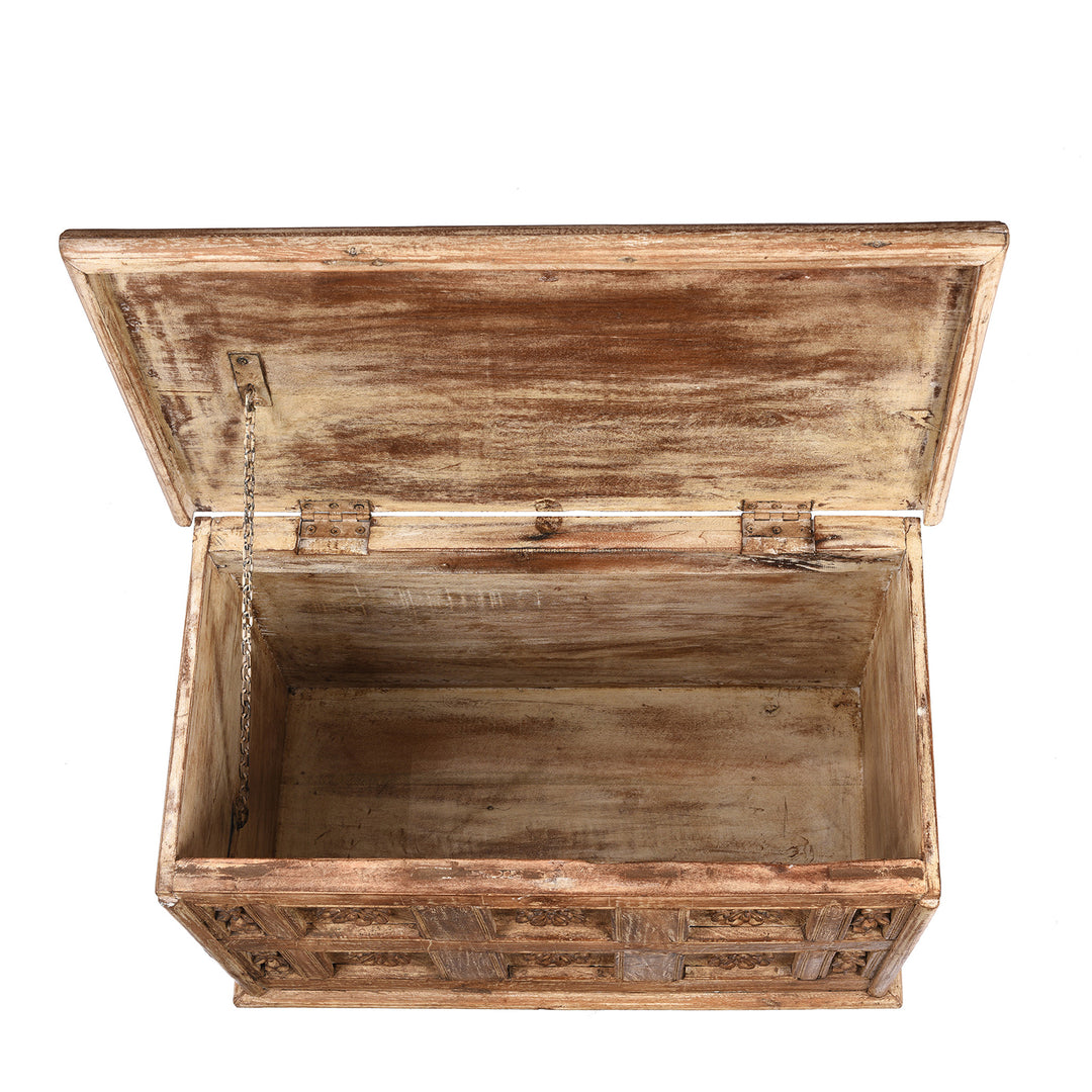 Interior Of Carved Blanket Chest Made From Reclaimed Teak Ceiling Panels | Indigo Antiques