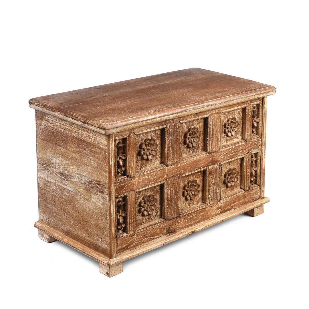 Angled View Of Carved Blanket Chest Made From Reclaimed Teak Ceiling Panels | Indigo Antiques