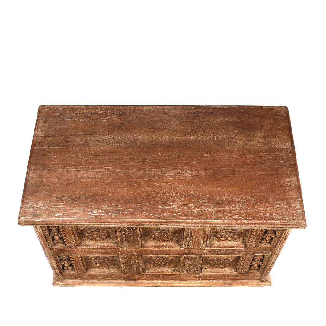 Top Down View Of Carved Blanket Chest Made From Reclaimed Teak Ceiling Panels | Indigo Antiques