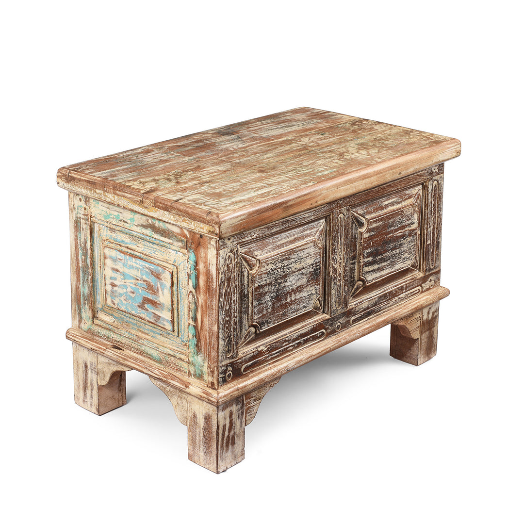 Angled View Of Carved Blanket Chest Made From Reclaimed Painted Teak | Indigo Antiques