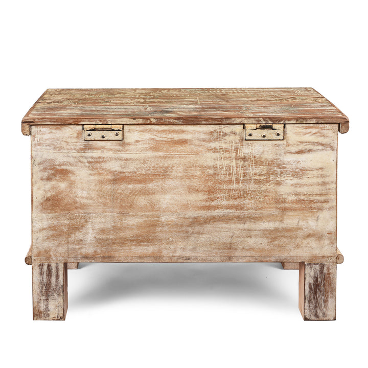 Back Of Carved Blanket Chest Made From Reclaimed Painted Teak | Indigo Antiques