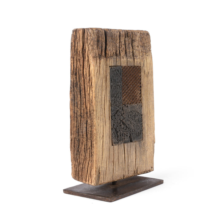 Angled View Of Option 2 Old Textile Printing Blocks - On a Stand | INDIGO ANTIQUES