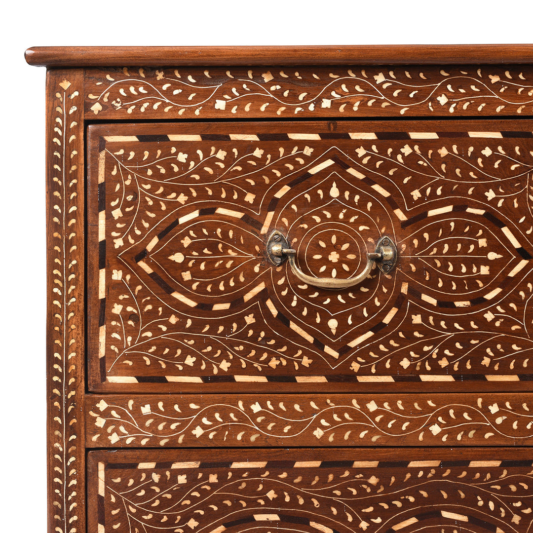 Corner Detail From Antique Chest Of Drawers - Teak With Bone Inlay - Ca 1920 | Indigo Antiques