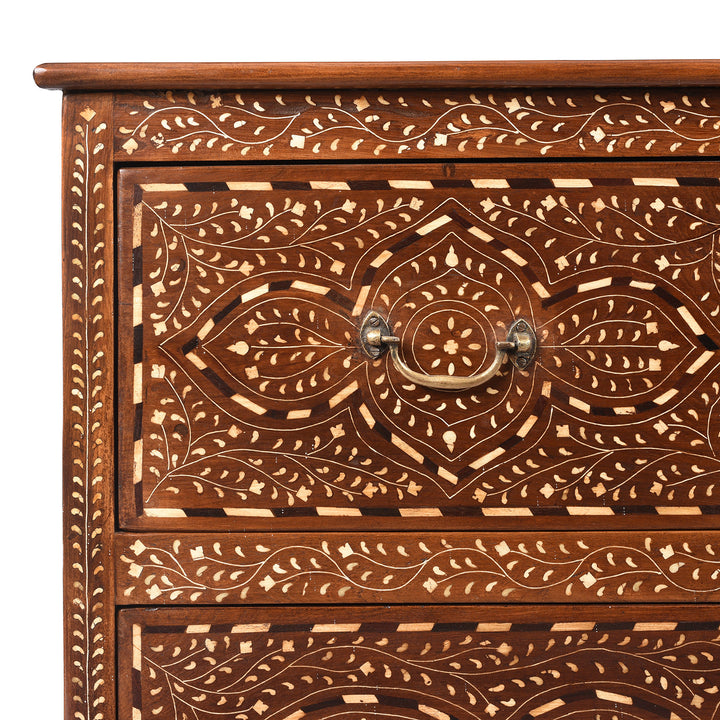 Corner Detail From Antique Chest Of Drawers - Teak With Bone Inlay - Ca 1920 | Indigo Antiques