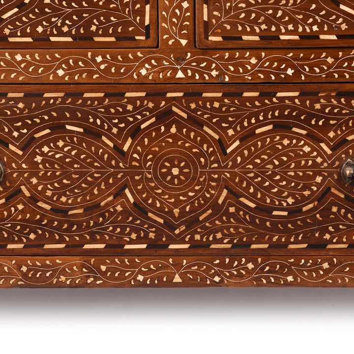 Bone Inlay Detail From Antique Chest Of Drawers - Teak With Bone Inlay - Ca 1920 | Indigo Antiques