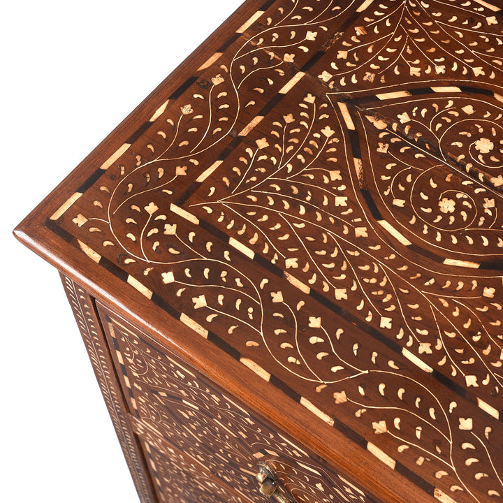 Corner Detail From Antique Chest Of Drawers - Teak With Bone Inlay - Ca 1920 | Indigo Antiques